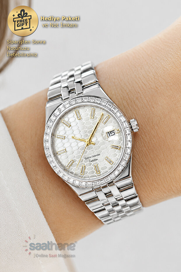 Stone Case Calendar Special Glass Dial Design Functional Women's Wristwatch