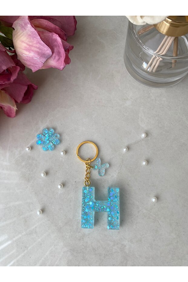 H Harf Vip Turquoise Glitter Charm&Keychain [with Pompom Option]