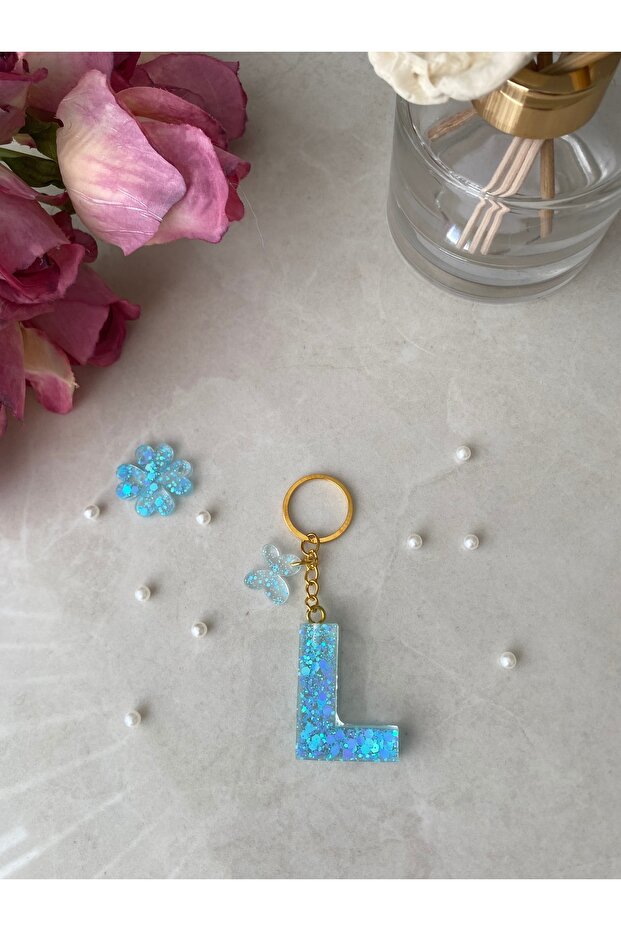 L Harf Vip Turquoise Glitter Charm&Keychain [with Pompom Option]