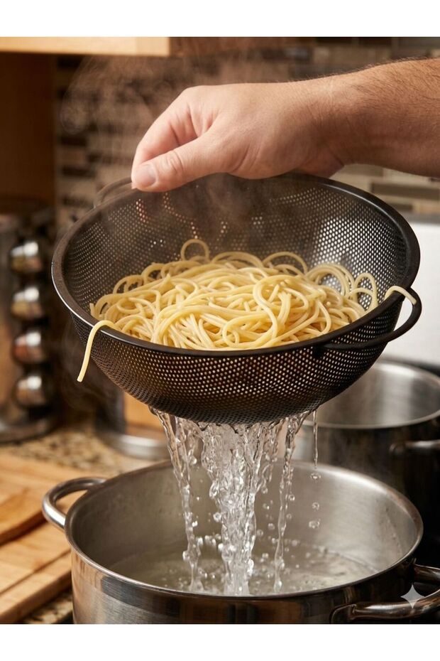 Stainless Steel Colander with Stainless Steel Handle, Black Matte, Large Size 22cm