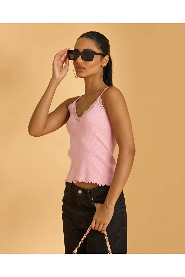 Women Pink Lace Trim Vest