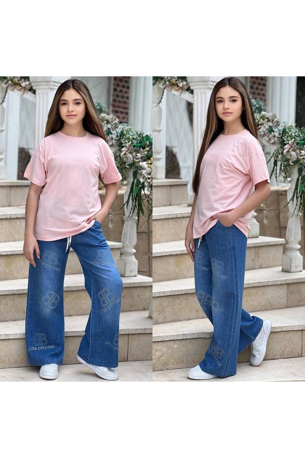 Girl's Stone Detailed T-Shirt and Jean Pants Two-Piece Set - Summer Combination 100% Cotton