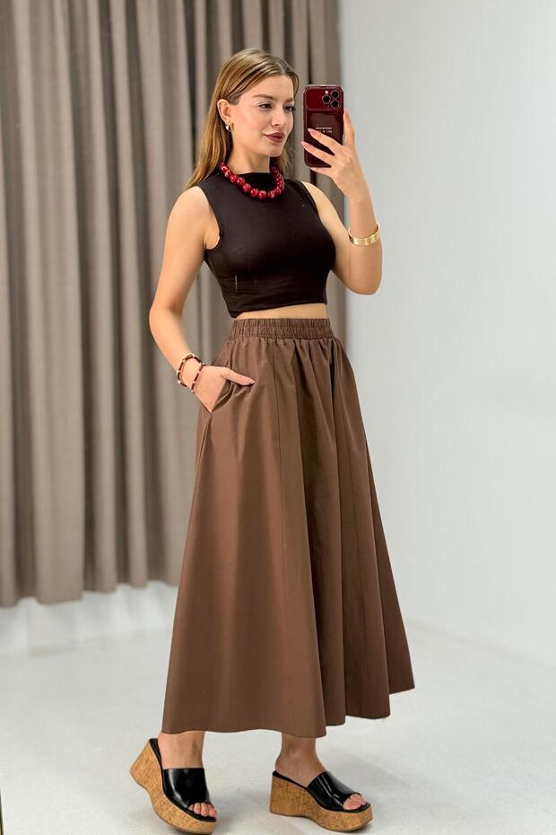 Women's Parachute Fabric Unlined Midi Skirt Brown