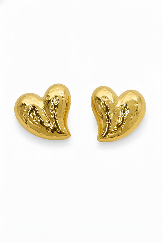 Women's Yellow Color Textured Heart Model Brass Bijouterie Earrings Pair