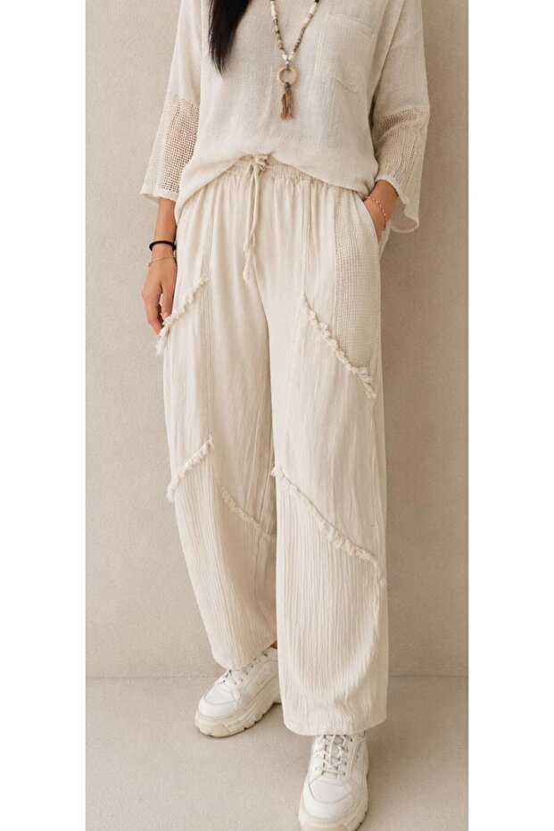 Women's Mesh Detailed Double Pocket Linen Trousers