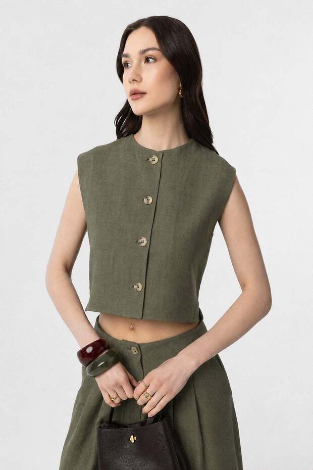 Khaki Linen Blend Women's Vest