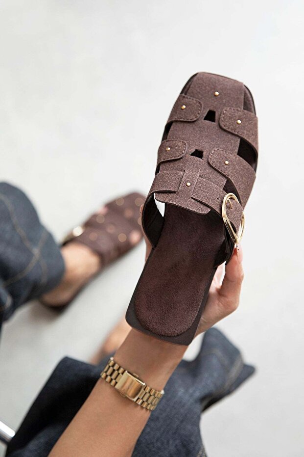 Fers Women's Belt Detail Flat Sole Suede Slippers Brown