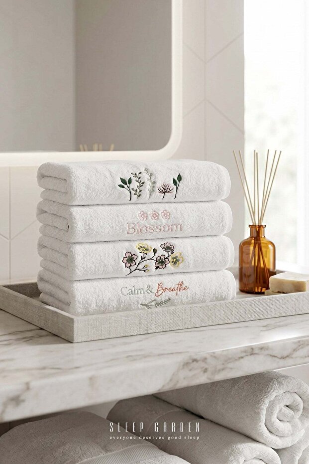 100% Cotton Embroidered Design with Text & Floral Pattern Hand and Face Towel 50X90 cm Set of 4