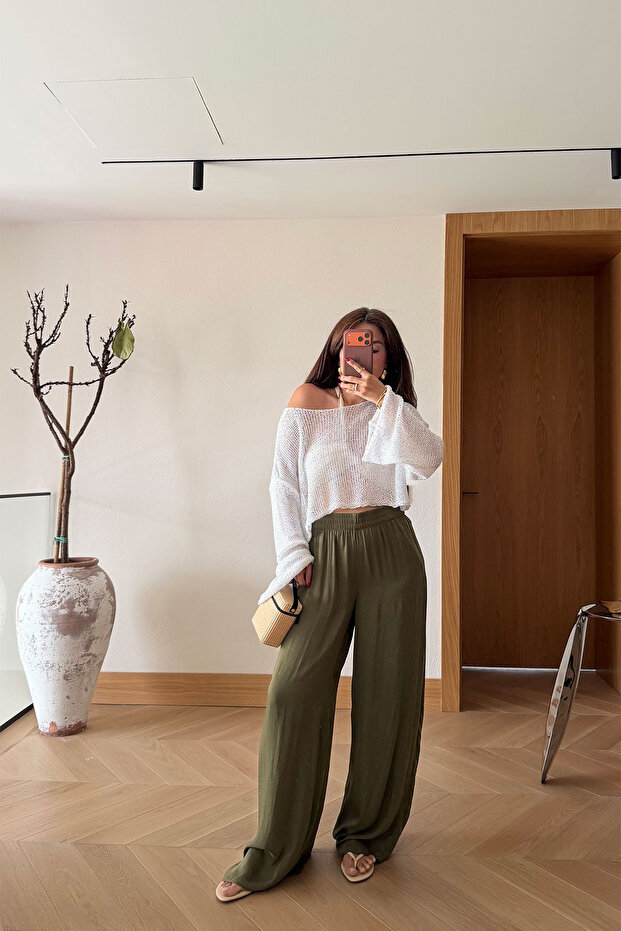 Elastic Waist Draped Wide Fit Trousers