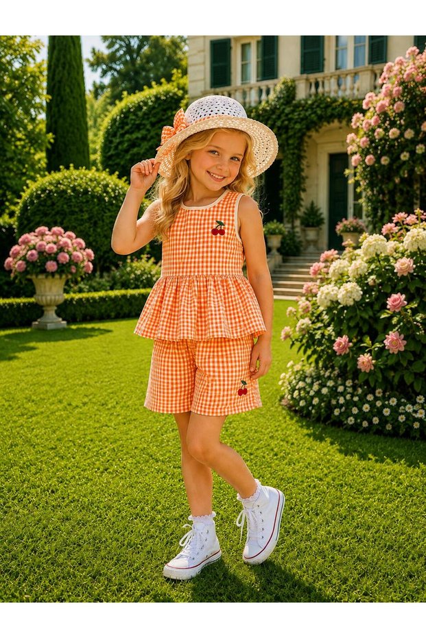 Girl's Colorful, Cherry Embroidered, Gingham Shorts Set, Summer Combination with Gift Hat