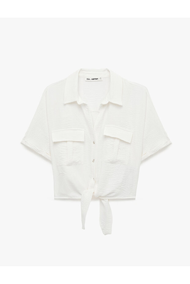 Tie-Up Detail Comfortable Fit Cargo Pocket Short Sleeve Shirt Collar Crop Blouse