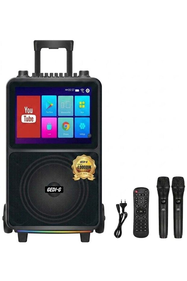 مكبر صوت ذكي متنقل GD-1428 مع شاشة لمس أندرويد 14.1 بوصة، وميكروفونين لاسلكيين وجهاز تحكم عن بعد باللون الأسود