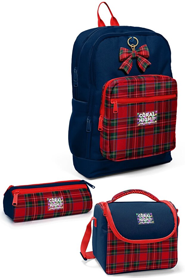 Primary School Girls' 3-Piece School Bag Set with Plaid Pattern