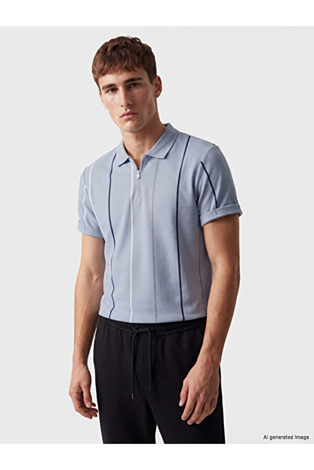 Esvab • Modern & Distinctive Devrik Roba Collar Striped Pique Men's T-Shirt