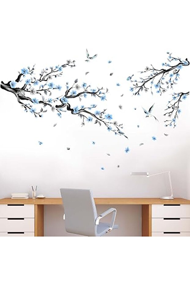 Blue Watercolor Cherry Blossom Wall Stickers - Tree Branch Flower Birds Wall Decals