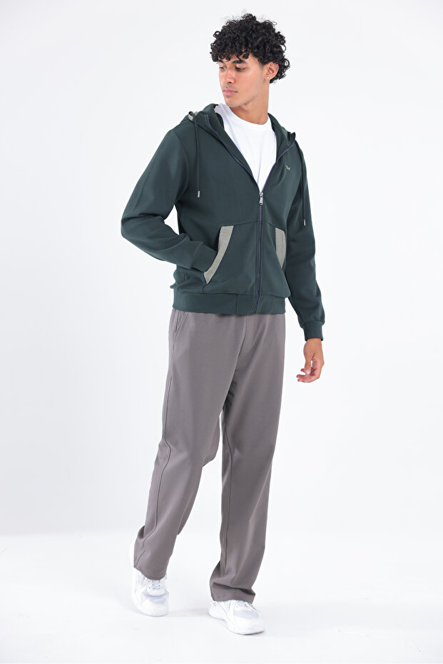 Modal Fabric Hooded Zippered Men's Sweatshirt with Contrast Detail
