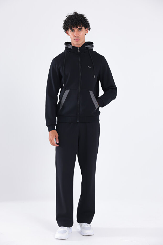 Modal Fabric Hooded Zippered Men's Sweatshirt with Contrast Detail