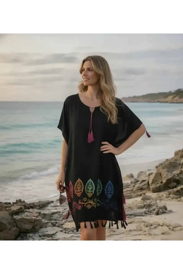 Cotton Black Printed Pareo – Cotton Beach Dress with Loose Fit, Tassel Detail Summer Pareo