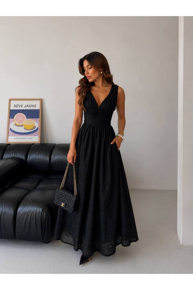 Women's Strappy V-Neck Scalloped Pleated Long Dress