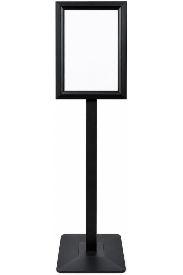 Black Info Board Display Heavy Duty Stand, A4 Size, 32mm Frame, Snap Open, Portrait or Landscape View, Black Rectangle Base