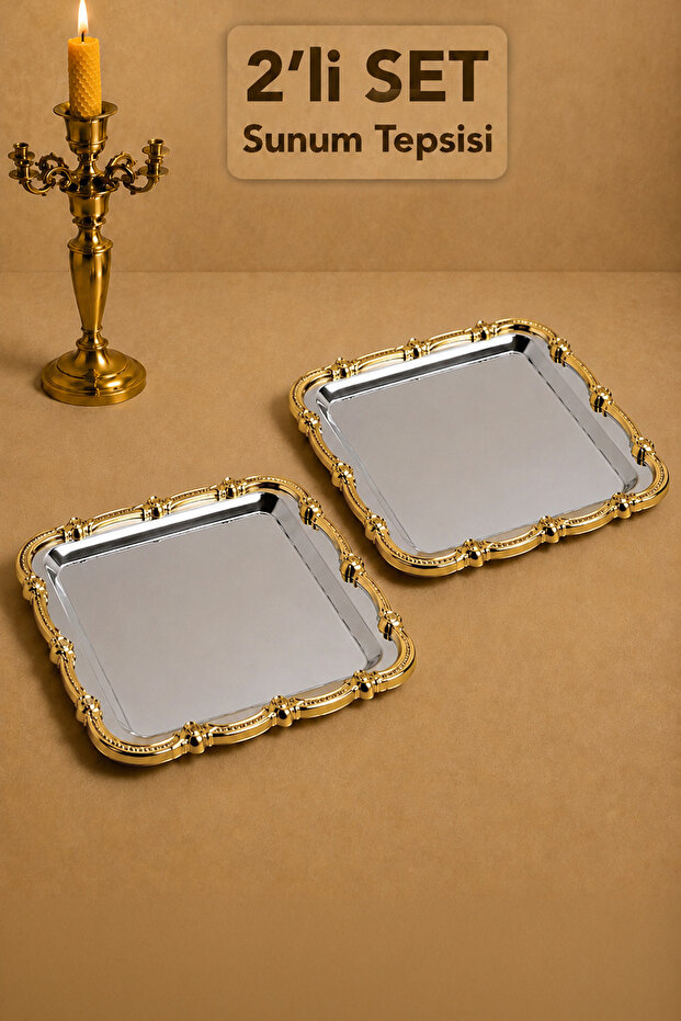 2-Piece Rose Patterned Tray - Stainless Steel with Gold Frame Detail for Coffee and Catering Presentation