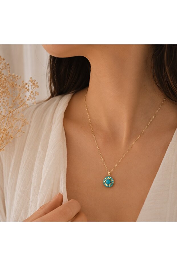 Turquoise Enamel Gold Necklace with Sun Figure