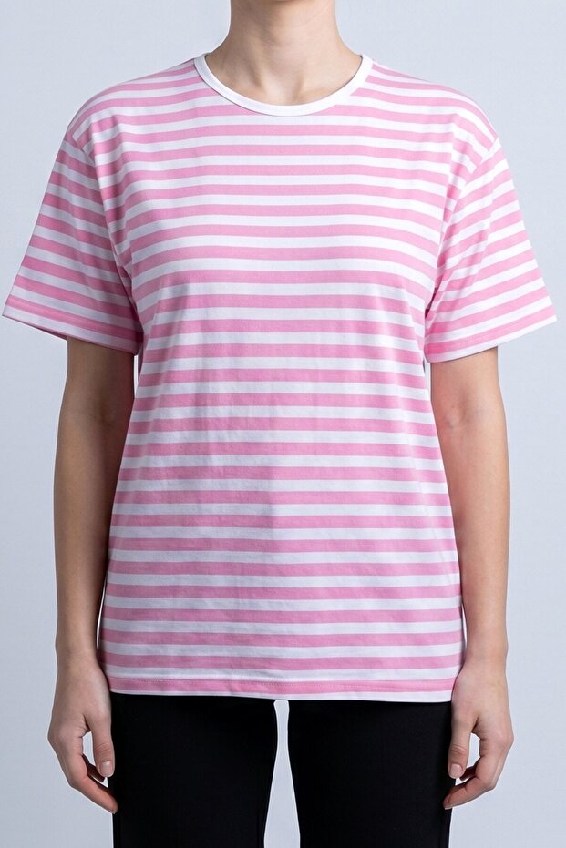 Women's Candy Pink White Crew Neck Striped T-Shirt
