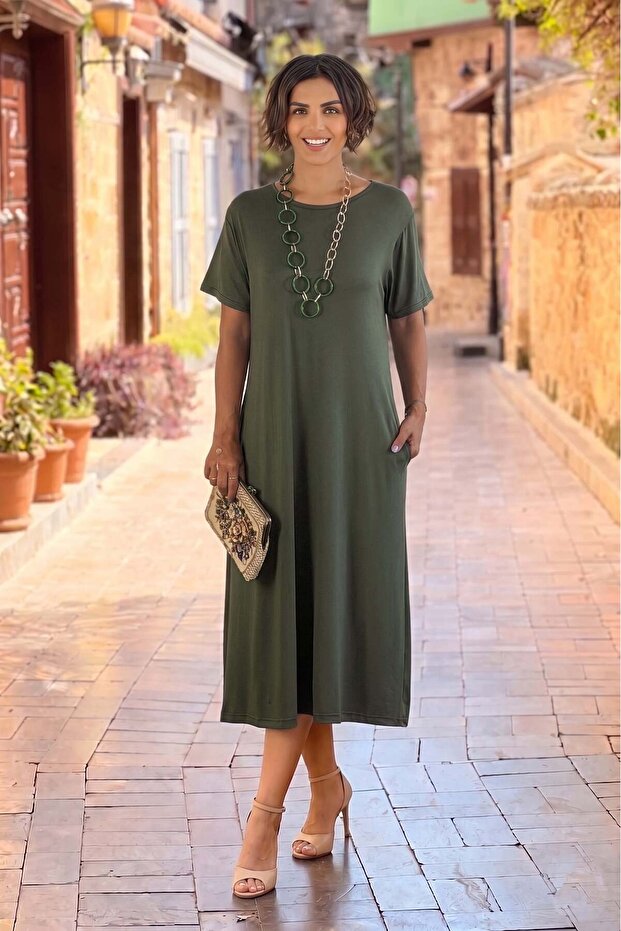 Khaki Short Sleeve Cotton Combed Cotton Dress