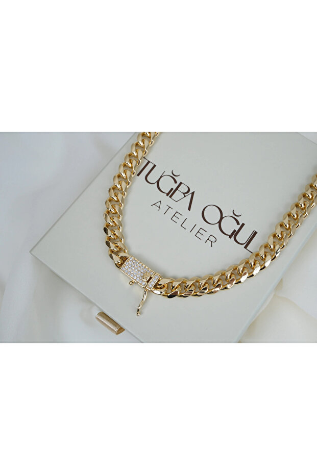 Kol532 Thick Gourmet Zinc Necklace with Zircon Stone Lock Clasp (Thickness 8 mm)