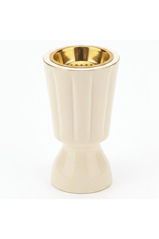 HAMID Ceramic Incense Burner | Ribbed Hourglass Design with Gold Insert | 17 cm | Off-White & Beige