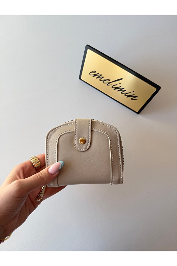 Beige Zippered Snap Fastener Mini Women's Wallet with Card Holder and Coin Compartment