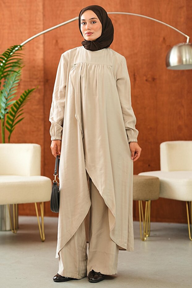 Beige Asymmetrical Cut Tunic with Elastic Sleeves and Trousers Set