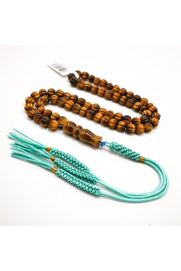 Tiger Eye Agate Rosary 66 Beads 7mm Ribbed Brown Prayer Beads 29g Tasbih with Mint Tassel