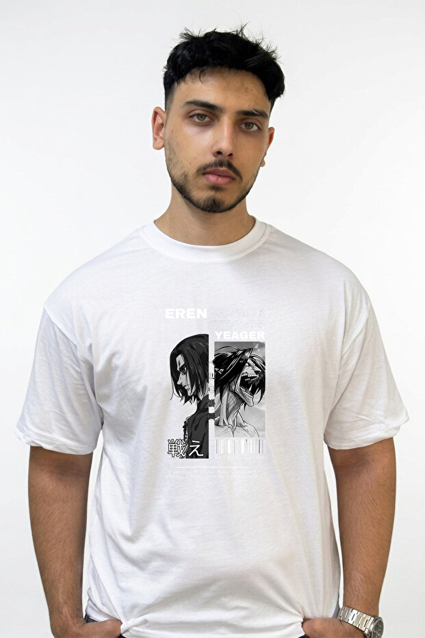 Eren Yeager Titan Design Printed Oversize White T-Shirt