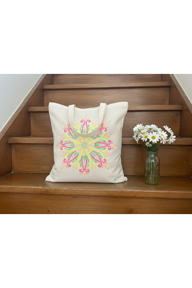 Neon Mandala Hand-Painted Canvas Tote Bag
