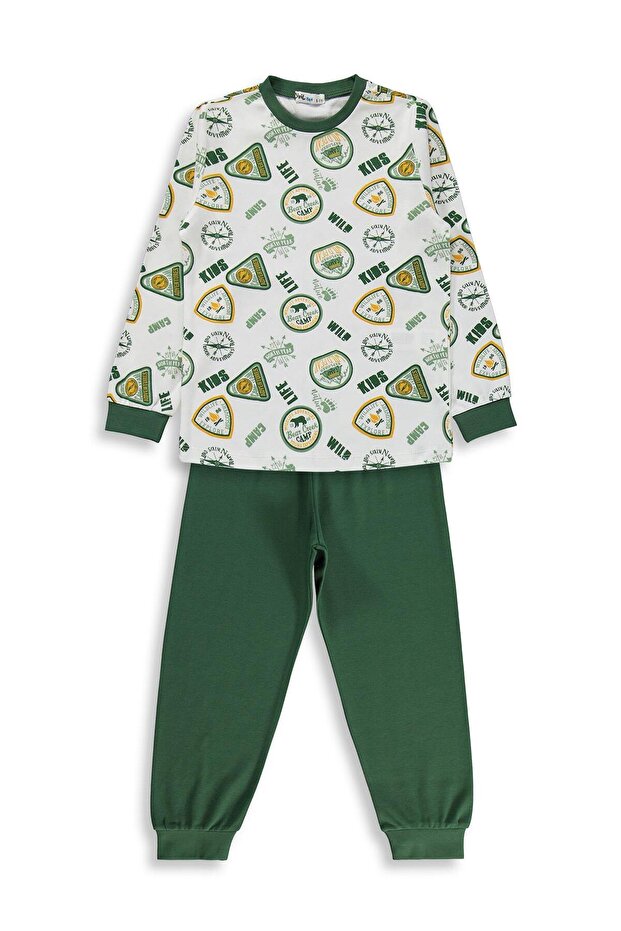 Kids Crest Printed Pajama Set for Ages 6-9 - Green