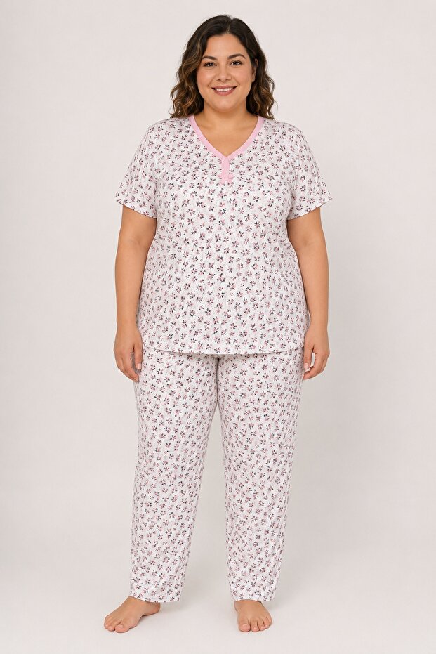 Mother's Pajama Set, Ribbed V-Neck, Floral Pattern, Short Sleeve, 100% Combed Cotton, Without Pockets, Pink