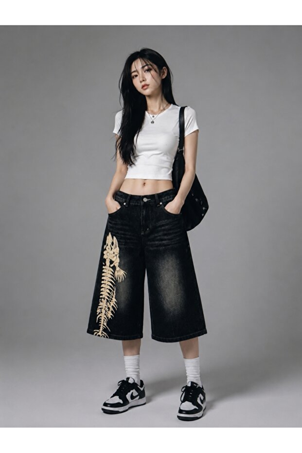 Unisex Black Stonewashed Fishbone Embroidered Baggy Denim Jorts Shorts