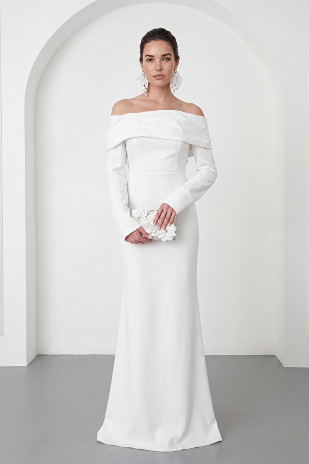Women's White Boat Neck Long Sleeve Promise Engagement Wedding Evening Dress
