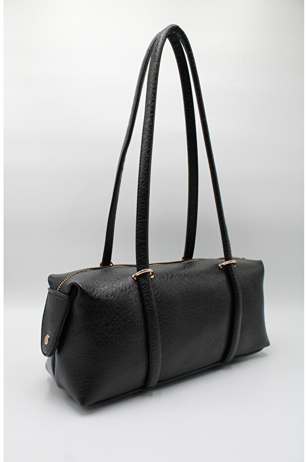 Women's Black Long Handle Bag with Snap Detail and Internal Eyelet Lining for Hand, Arm, and Shoulder Use