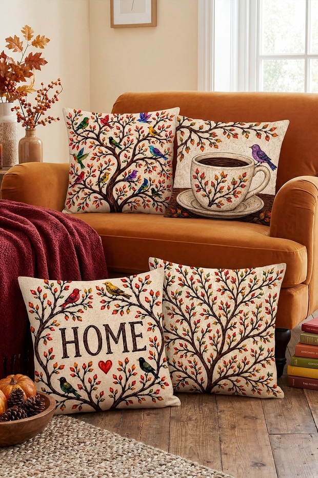 Colorful Birds on a Branch Patterned 4-Piece Throw Pillow Cover Set