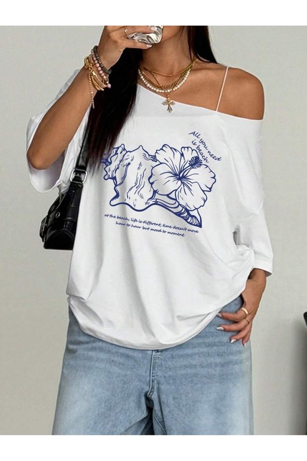 Women's Floral Seashell Printed Oversize Boat Neck T-Shirt
