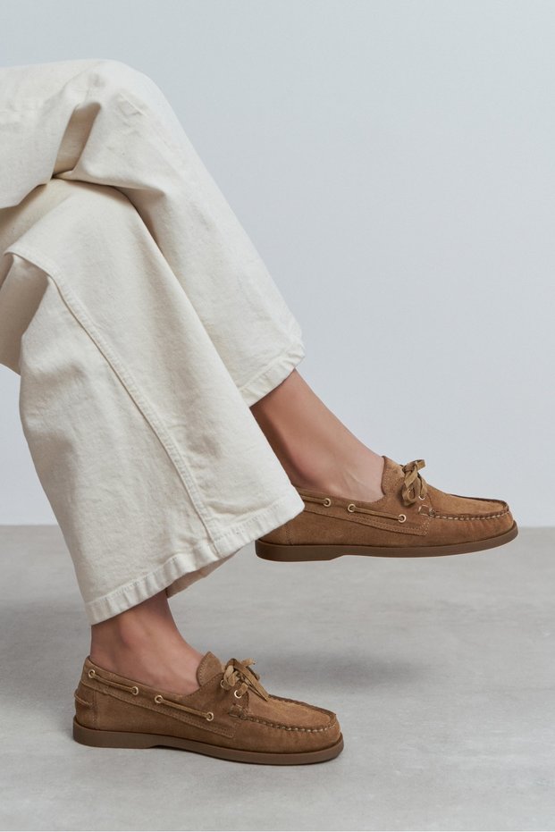 Maura Rome Beige Suede Genuine Leather Lace Detail Women's Loafer Shoes