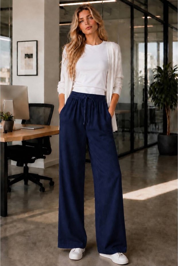 Meri Navy Blue High Waist, Wide Leg, Comfortable Cut, Elastic Waist and Drawstring, Women's Cotton Trousers New Season