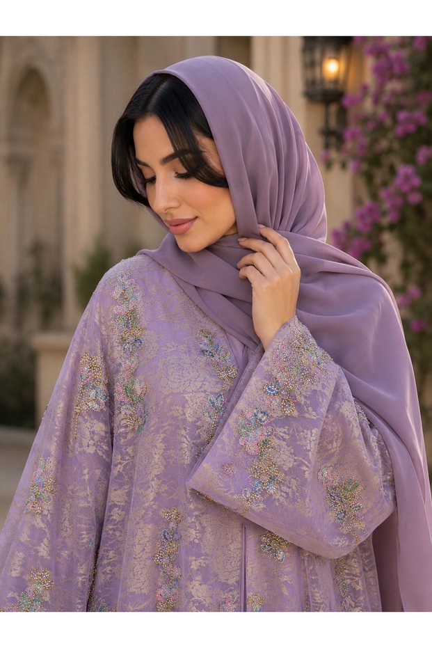 Purple hand embroidery party wear Abaya&Hijab