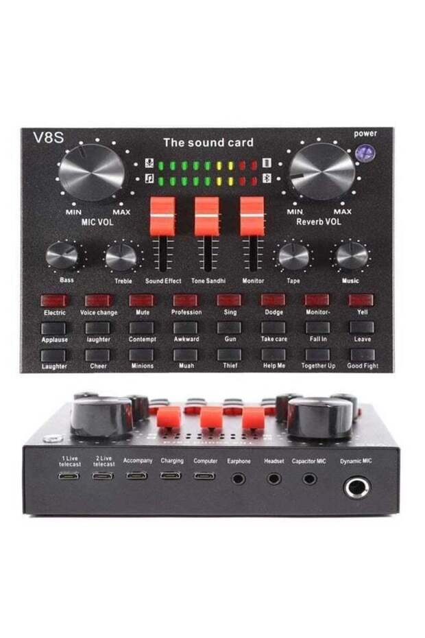 V8S Live Sound Card Bluetooth Audio Mixer – All-in-One Portable Voice Changer with 16 Sound Effects
