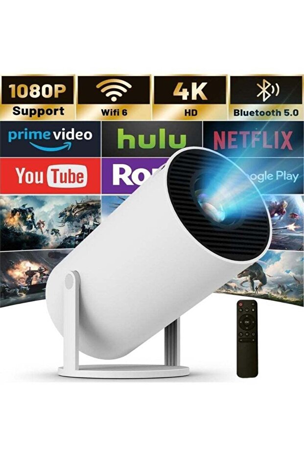 Smart Projector 4K with Android OS, WiFi 6 & Bluetooth 5.2 – 180° Rotating Stand