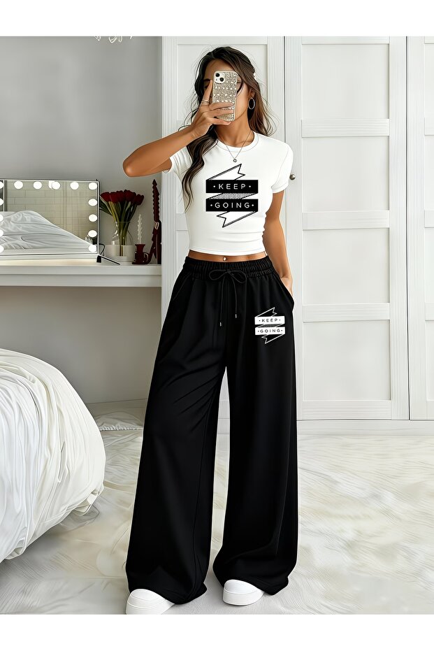 Women's Keep Going Printed Overlapping Baby Tee Crop and Baggy Sweatpants - Two-Piece Tracksuit Set