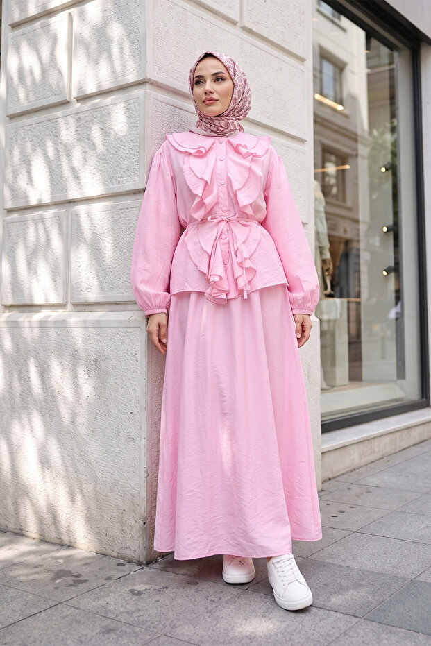Belted Ruffle Detailed Strawberry Fabric Skirt and Horse Top Set - Pink