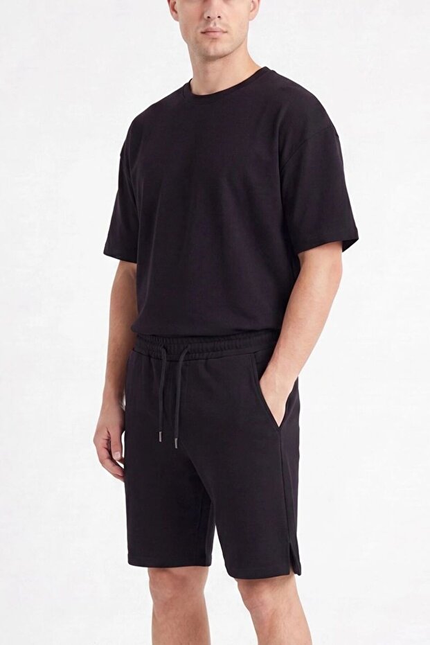 Men's Crew Neck Cotton Side Pocket Slit Comfort Shorts Set